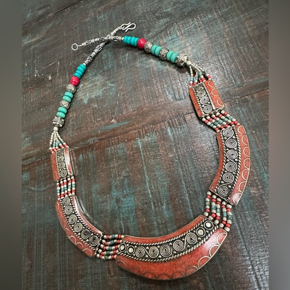 Turquoise and Coral Silver Tibetan Antique Look Necklace Jewelry Beads NEW - Picture 2 of 4